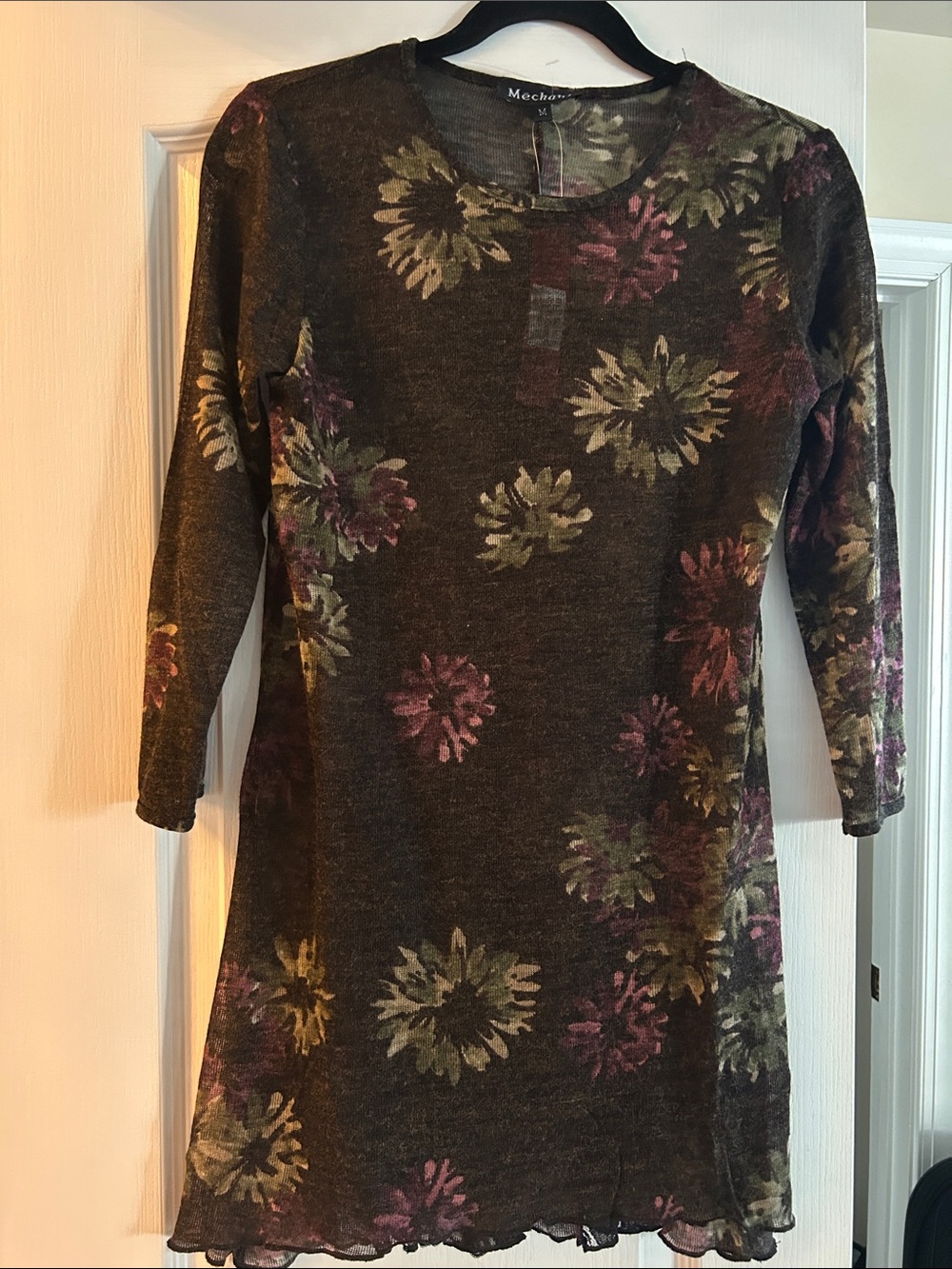 Mechant Dark Gray Long Sleeve Floral Tunic Dress with Pink and Green Accents